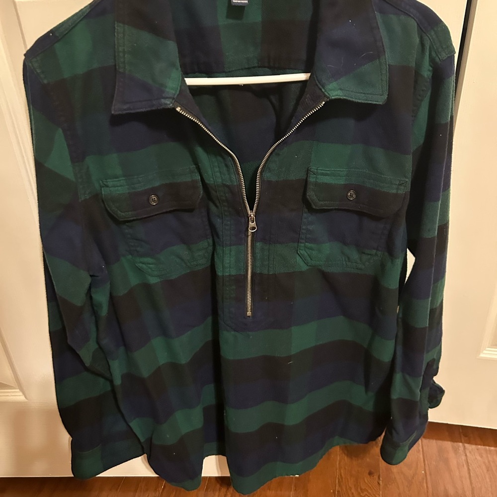 Boys XL (18-20) Chaps Green and Navy Plaid Half-Zip Button-Front Shirt